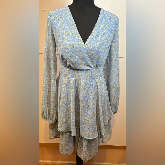 Japna Dresses & Skirts - Japna Light Blue Floral Wrap-Style Long Sleeve Dress Size Medium